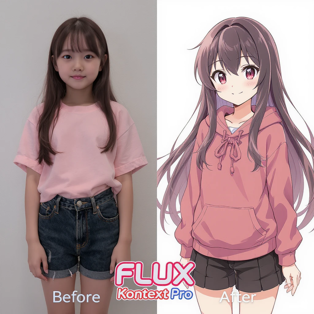 create before after image of a girl before is realsitic photo, after is anime version of her in same pose and clothes, add logo with text of a "FLUX Kontext Pro" emoji