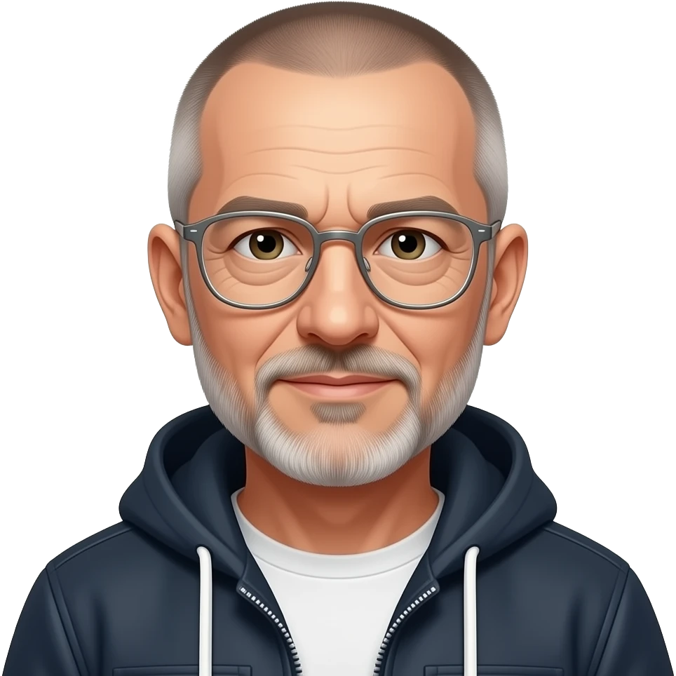 cool boy metal-framed glasses ery entellectual man, 65 years old, street wear stubble, shaved short with clippers emoji