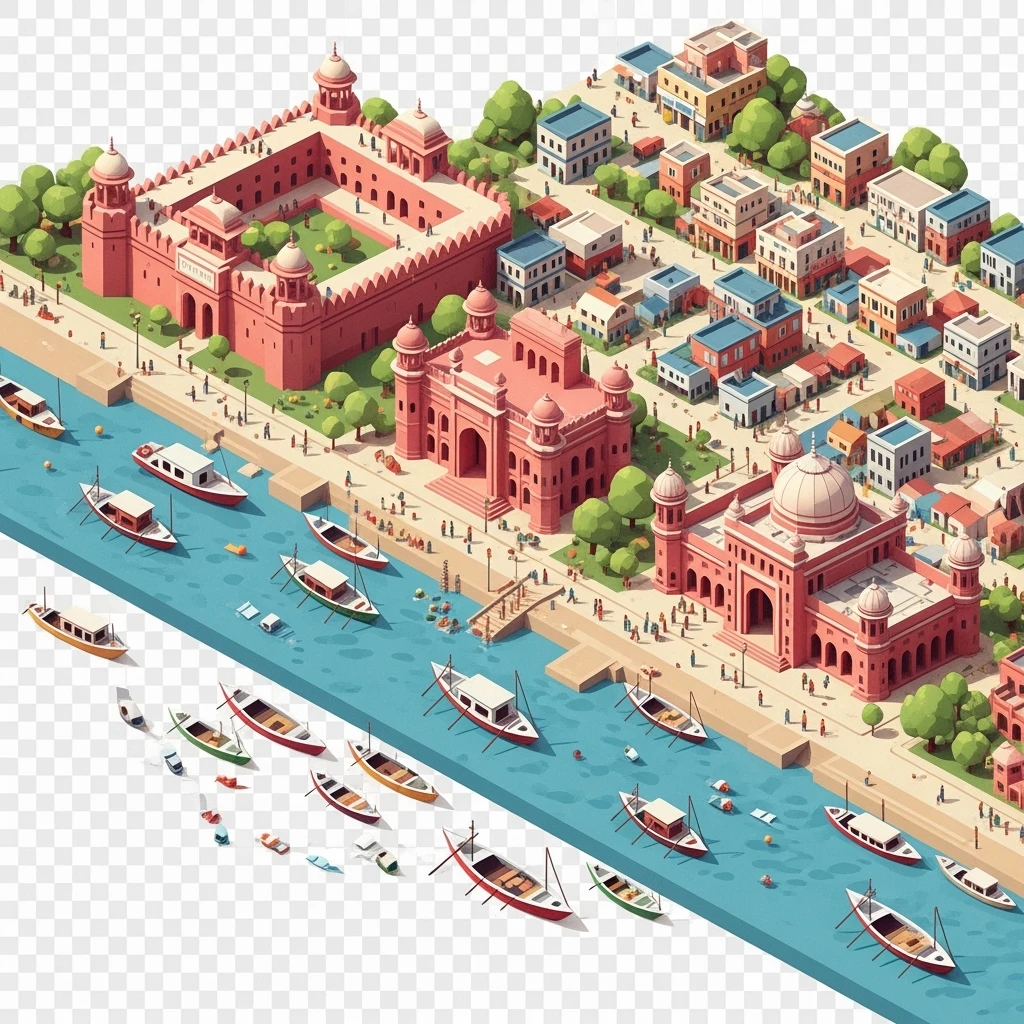 Isometric minimalistic illustration of Dhaka – Lalbagh Fort, Ahsan Manzil, bustling river boats, colorful streets, subtle 3D miniature effect and Tilt Shift effect, no cartoonish look, transparent background. emoji