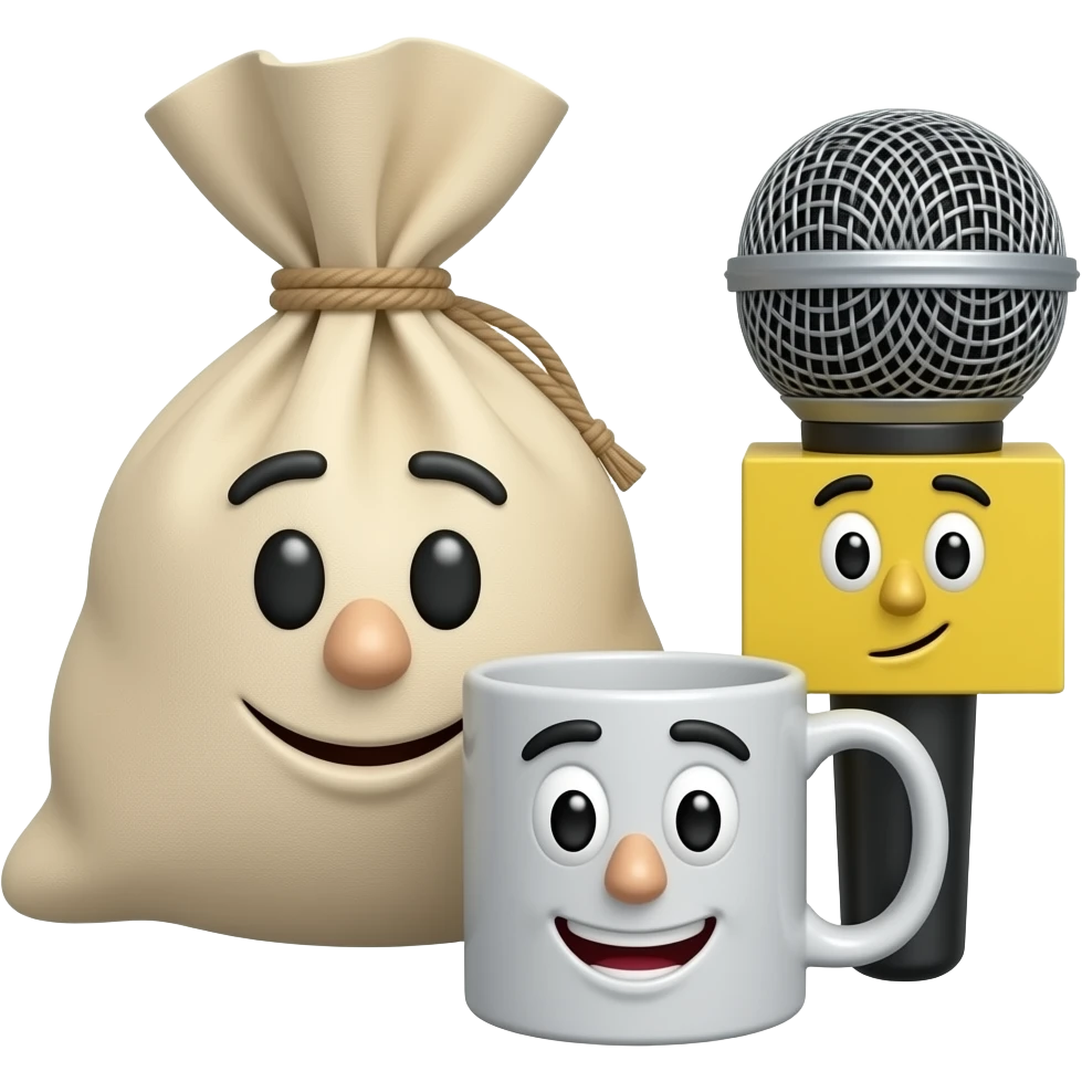 bag with face and mug with face and microphone with face in court emoji