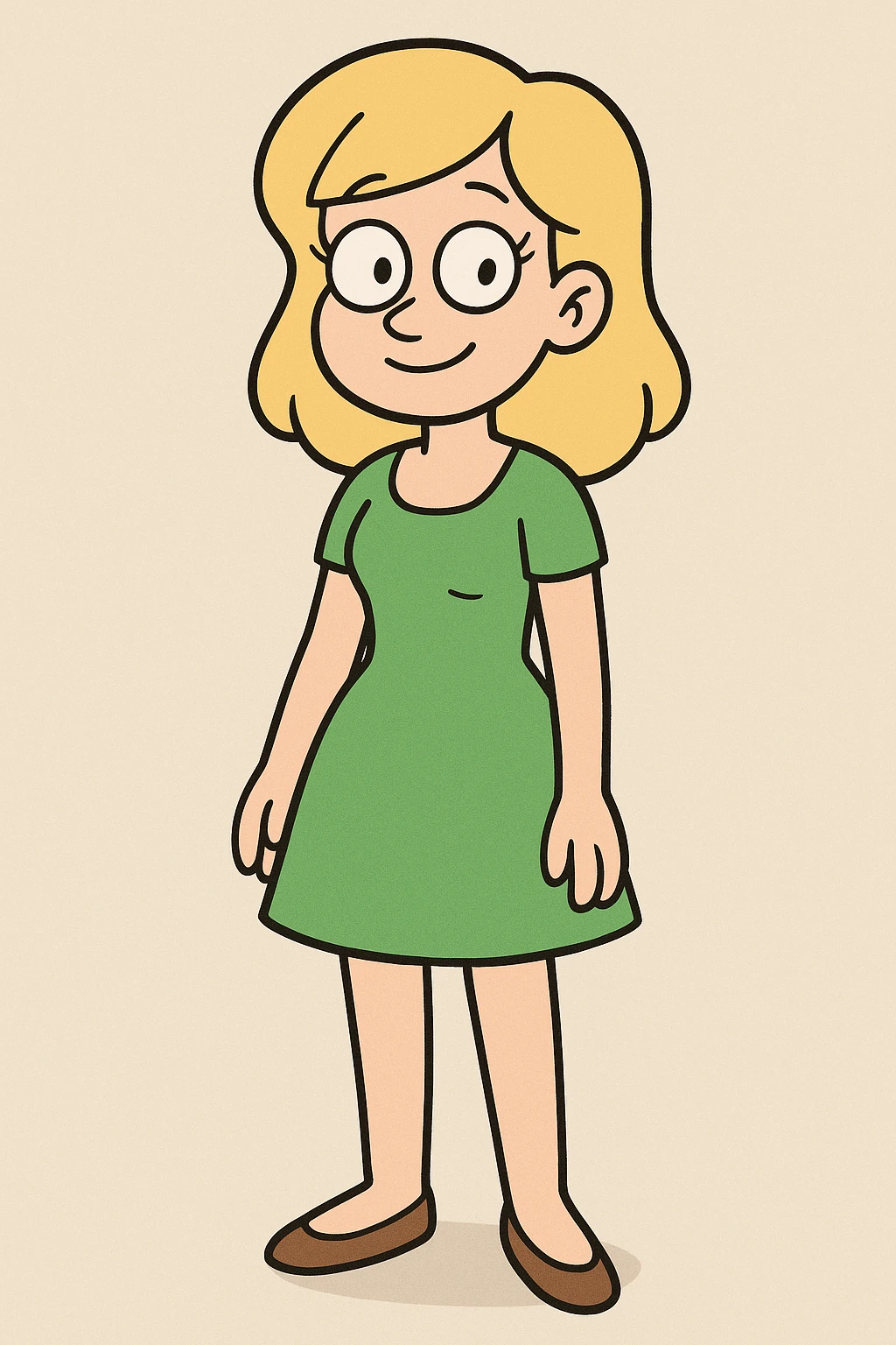 blonde-haired girl in a bright green dress, standing, friendly face, plain background emoji