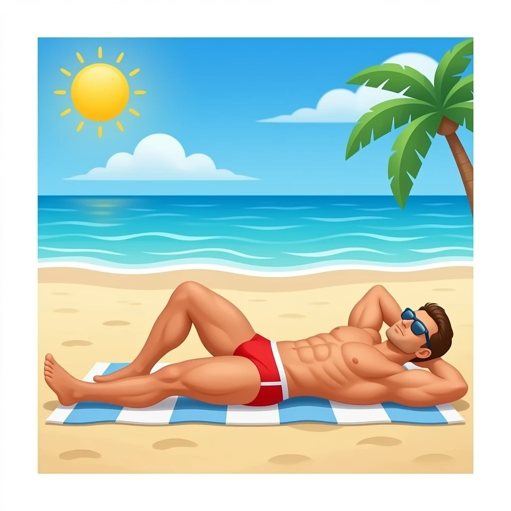Erstelle ein Bild von einem Strand, mit im Bild ist ein muskulöser Mann zusehen der sich im liegen sonnt, er trägt rote enge speedo und Oberkörper frei und trägt eine Sonnenbrille emoji