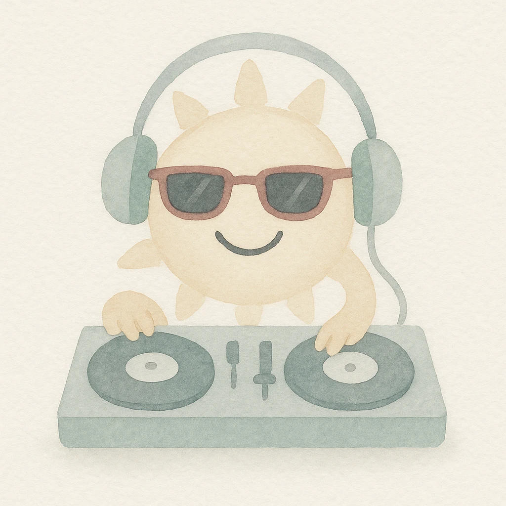 A smiling sun with headphones and DJ turntables, wearing stylish sunglasses, watercolor art style emoji