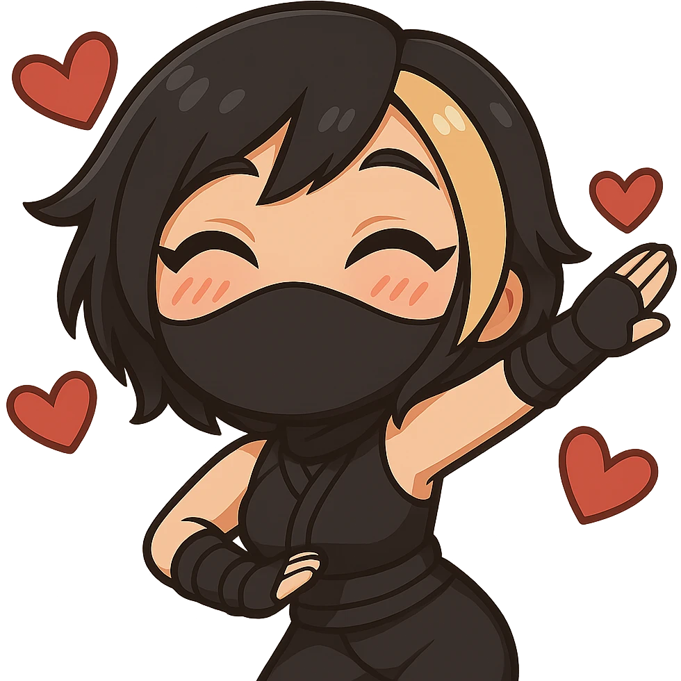 Create a chibi anime style ninja girl dancing to the right. Keep the same face, hair, mask, outfit, and hearts as the reference image. Change the pose so her body and arms are leaning to the right in a cute dance move. Transparent background, sized for Twitch emoji use. This is animation frame 2. emoji