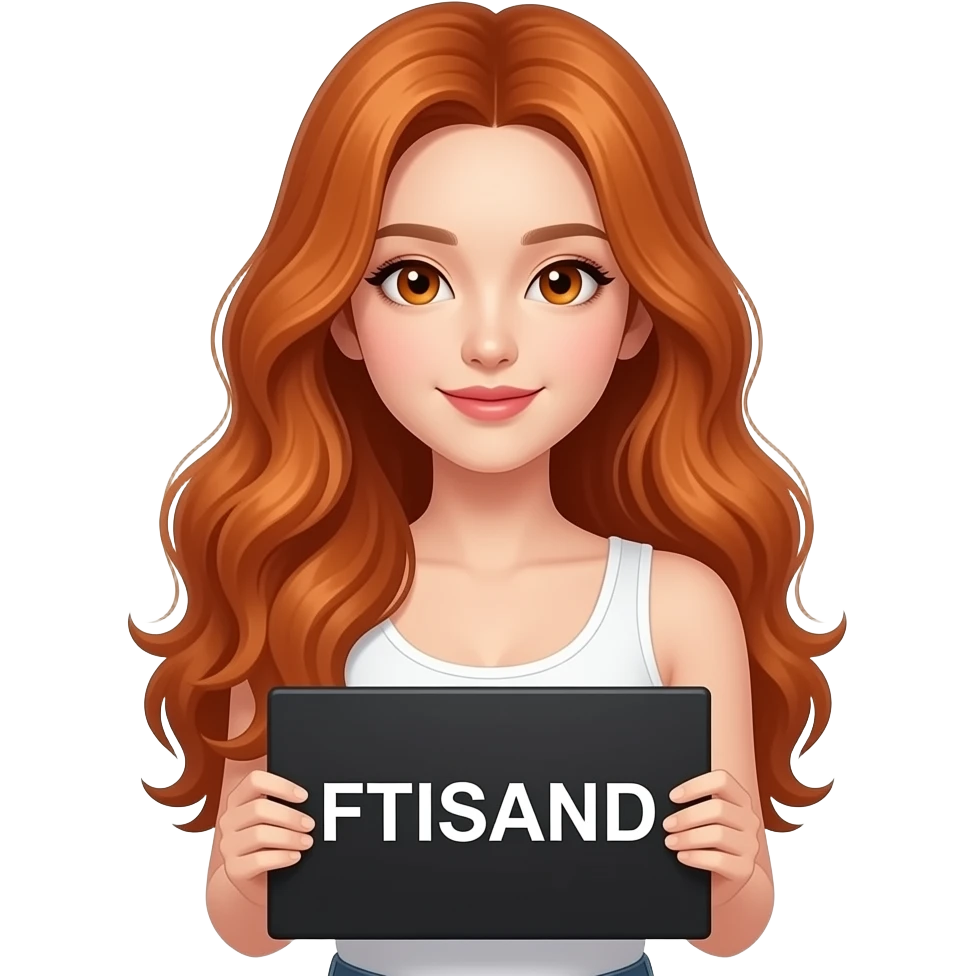 sexy girl with long wavy ginger hair and ginger eyes wearing a white tanktop is holding a black colored sign with FTISLAND written on it emoji