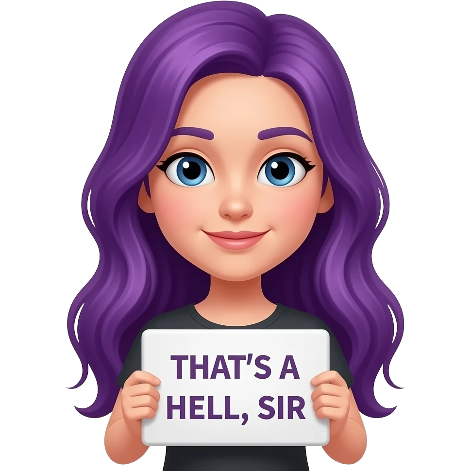 girl with long purple hair holding a THAT'S A HELL, SIR sign emoji