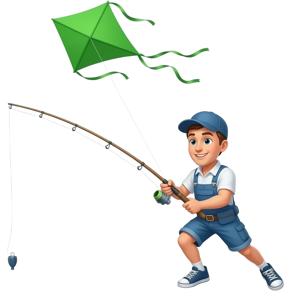 a guy flying a green  kite with a fishing rod emoji