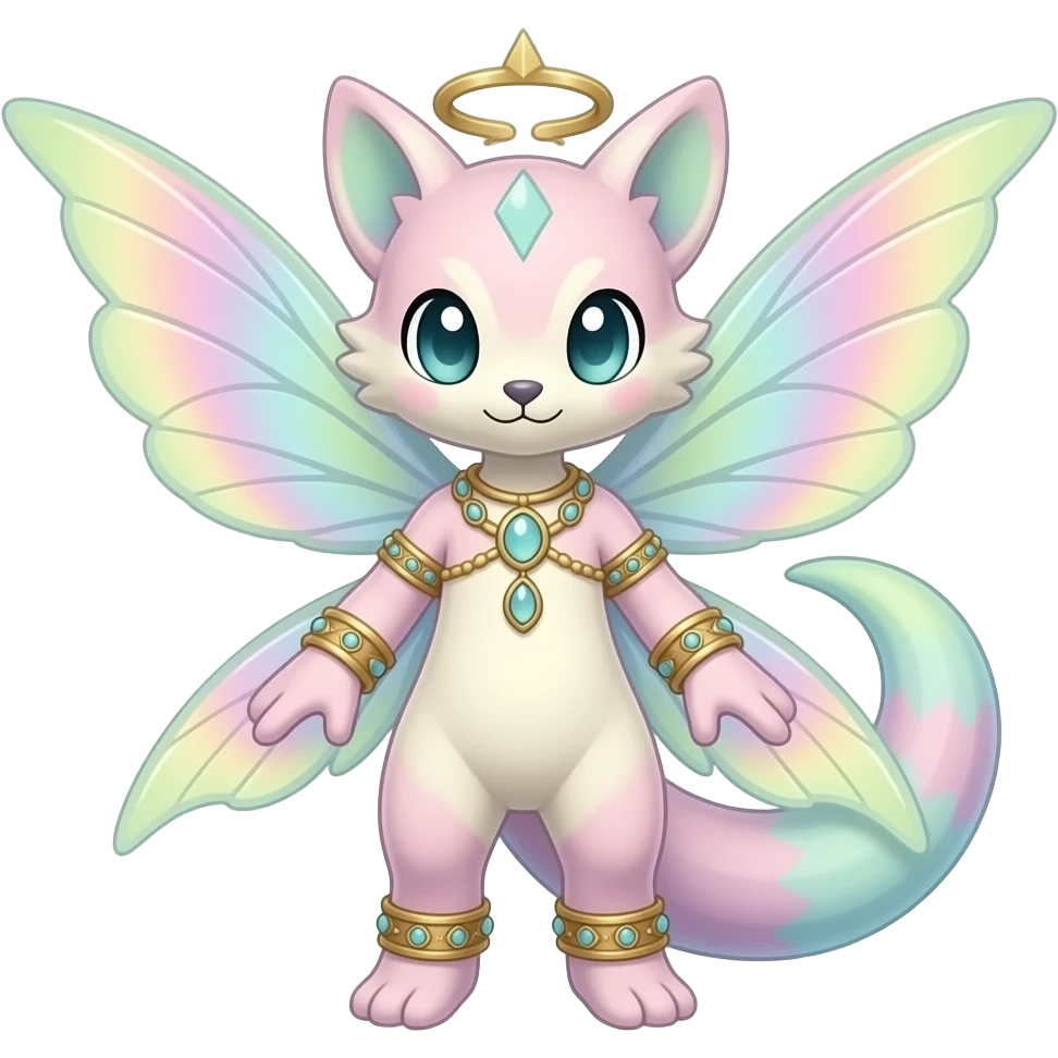 Epic complex divine glorious futuristic detailed dark dusky gloomy pastel pink-pastel-green-pastel-yellow-white-gradient-iridescent, realistic Fakémon-Sprigatito-Floragato-Meowscarada-Trico-Sergal-Serval-Vernid-creature (full body) with bracelets and anklets and fairy wings emoji