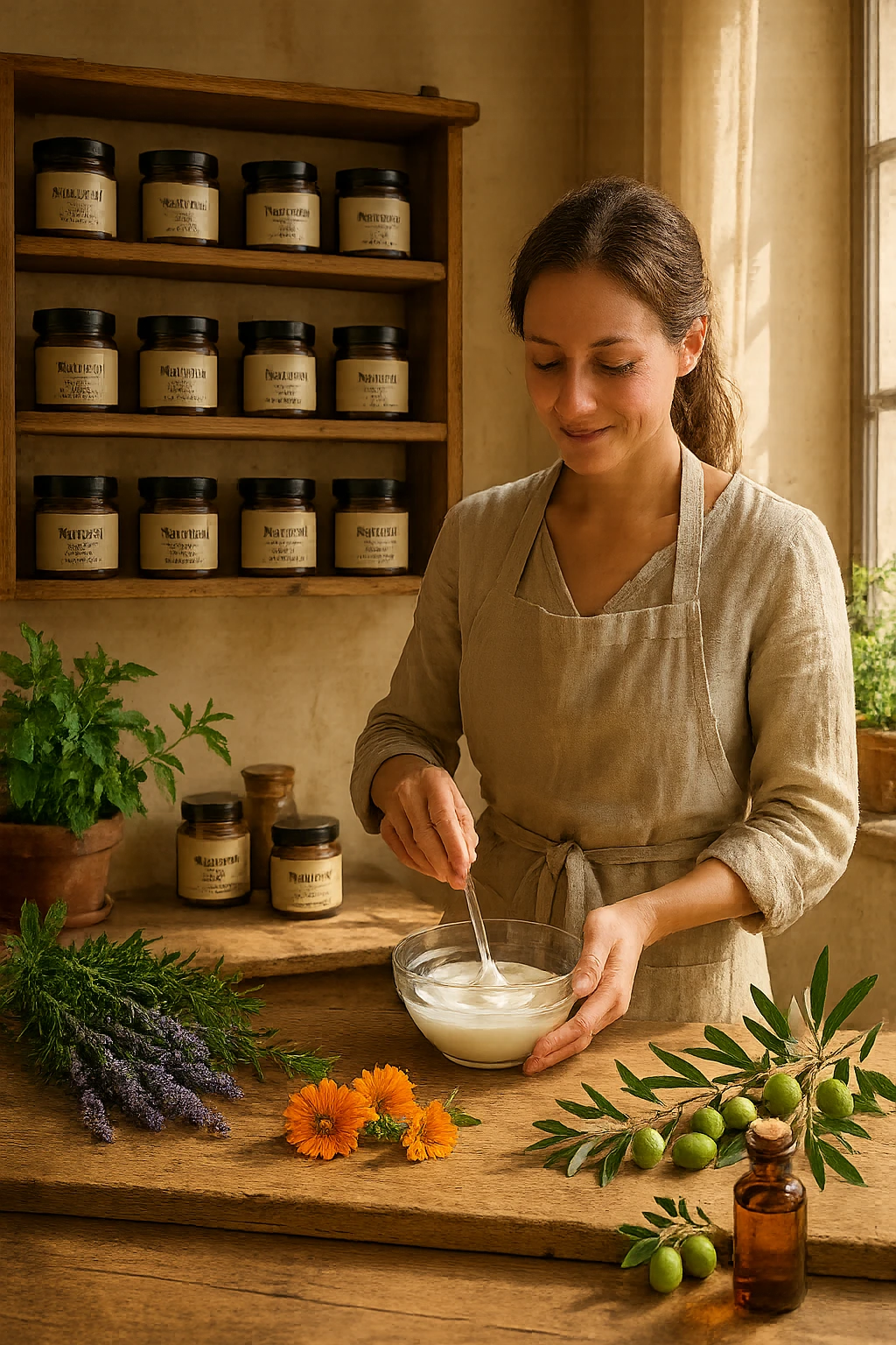 A realistic, high-quality photo of a small artisan skincare laboratory in Italy, with wooden shelves displaying beautifully packaged glass jars of natural creams made with herbal and botanical extracts, olive oil, and essential oils, clearly labeled ‘100% Natural’ and ‘Artisan Made in Italy’. The scene includes a bright, sunlit rustic workspace with plants, fresh lavender, rosemary, calendula flowers, and olive branches on the wooden counter, symbolizing purity and nature. A female artisan in a linen apron is carefully mixing creams in a glass bowl, smiling softly. The environment feels warm, authentic, and eco-friendly, emphasizing the concept of handcrafted skincare without synthetic chemicals emoji