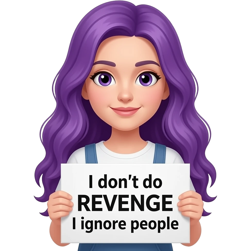 girl with long purple hair holding a I don't do REVENGE I ignore people sign emoji