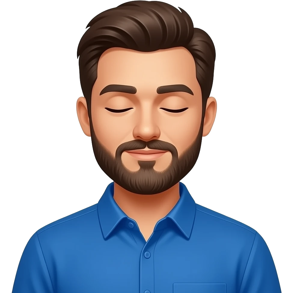 man with bearede wear a vibrant blue shirt and close eyes emoji