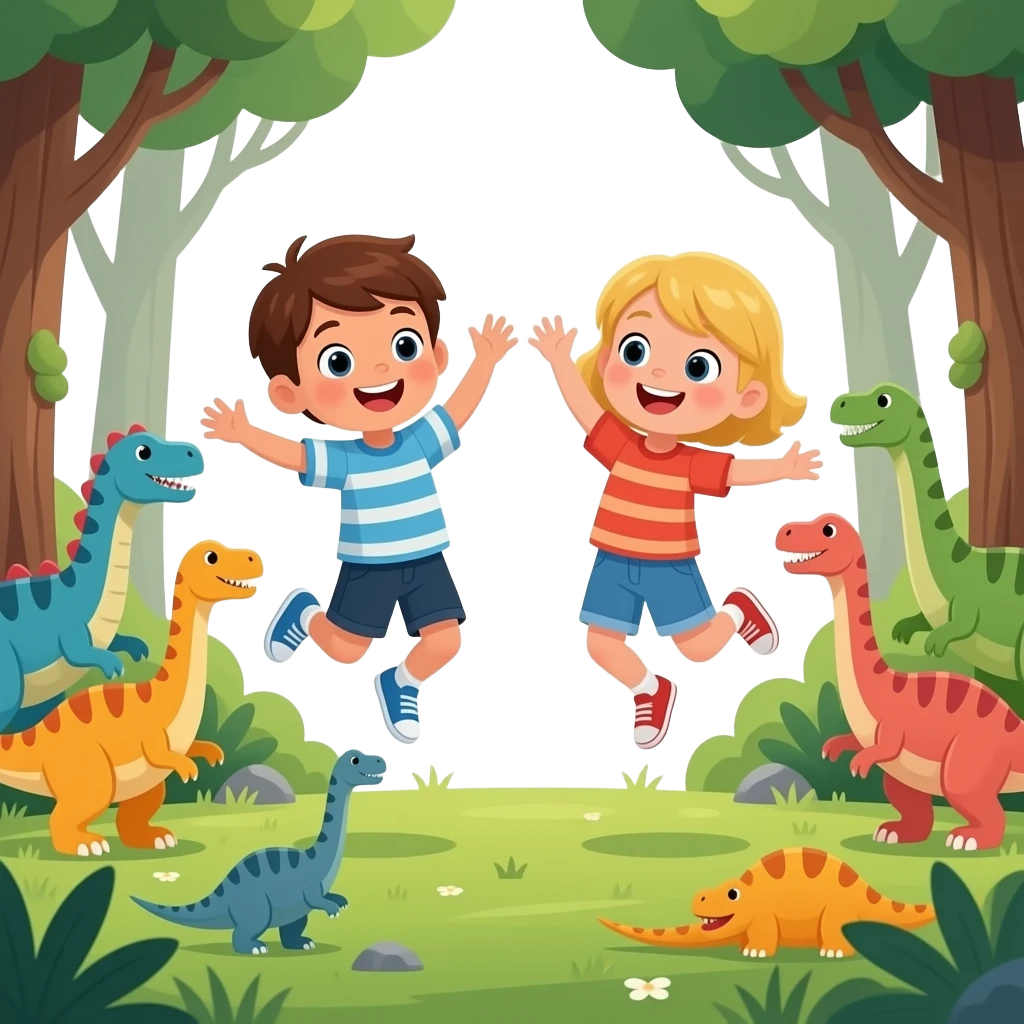 igual pero castany i rubio els dos nens, estan saltant en un  bosc erroific ple de dinosaures emoji