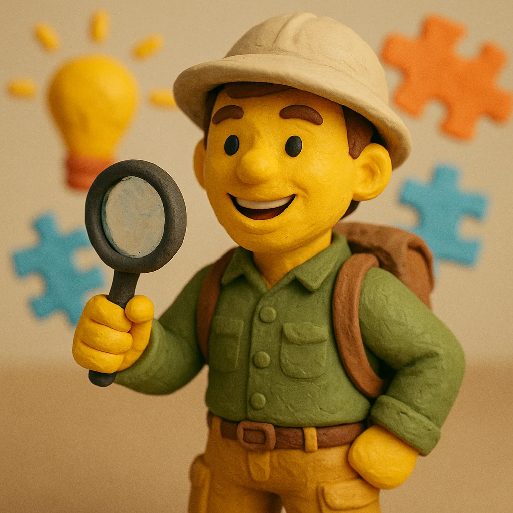 Create a realistic emoji character named Master Hunt. He is a young adult with short brown hair, wearing a casual explorer outfit that includes a button-up shirt and cargo pants. He has a backpack and a safari hat. In one hand, he holds a magnifying glass, and he has an enthusiastic smile on his face. The background should be light and vibrant, incorporating elements like light bulbs and puzzle pieces to symbolize creativity and a positive work culture. emoji