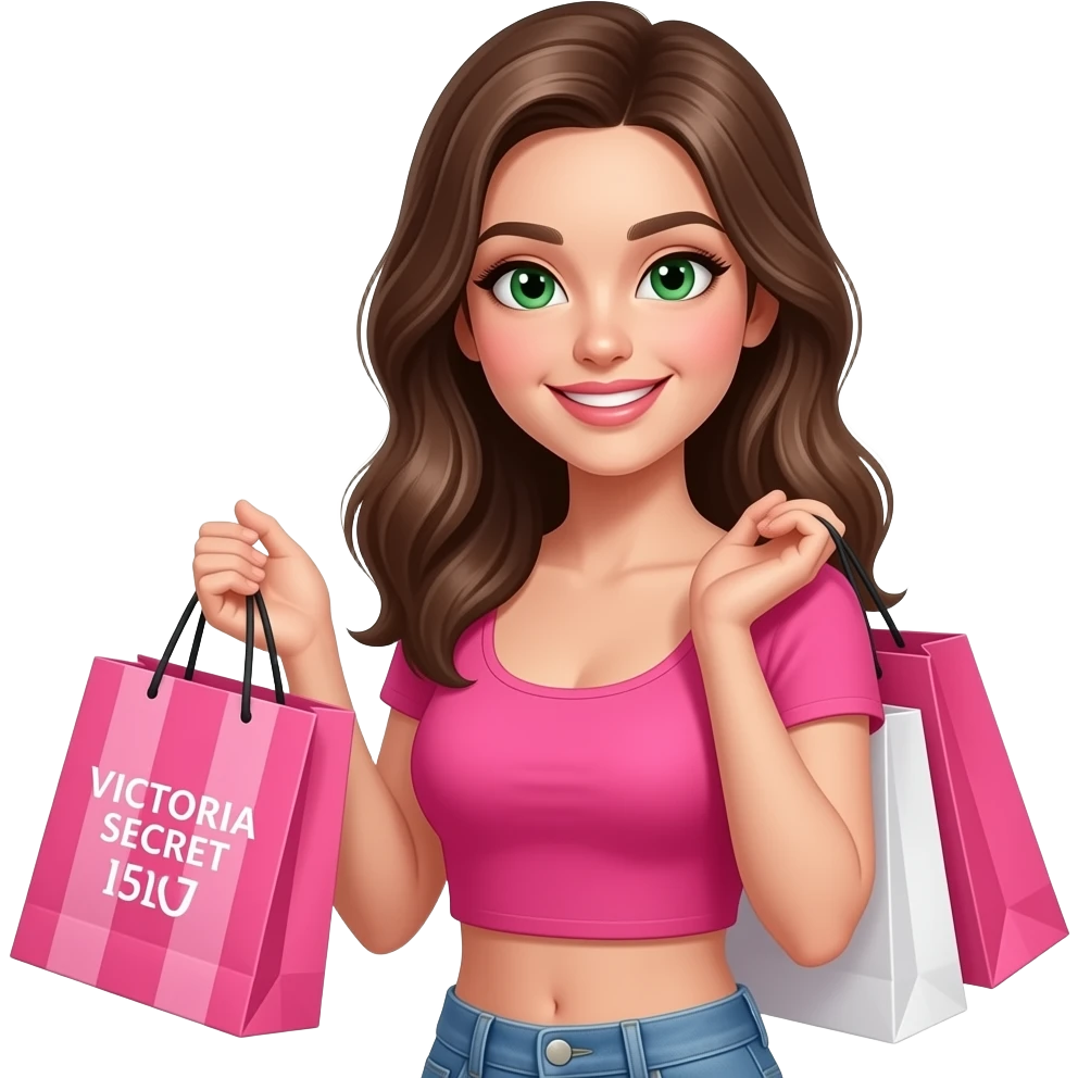 Pretty Happy young woman in hot pink crop top and rich and is very beautiful with shopping bags in hand from Victoria secret and has green almond eyes and no smile lines and a cute dimple on the side and highlights in hair emoji