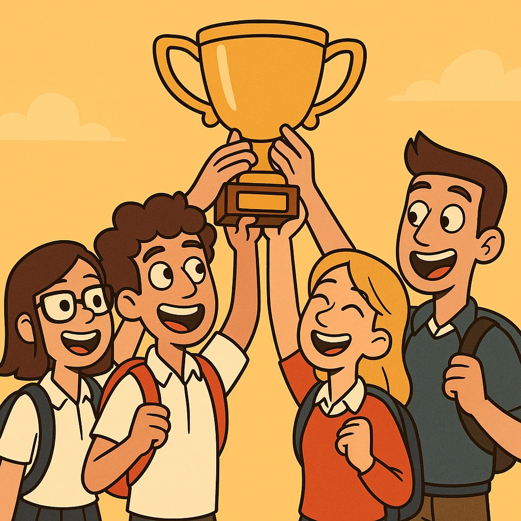 four students in a warm atmosphere lifting a trophy, modern cartoon style, bright background emoji