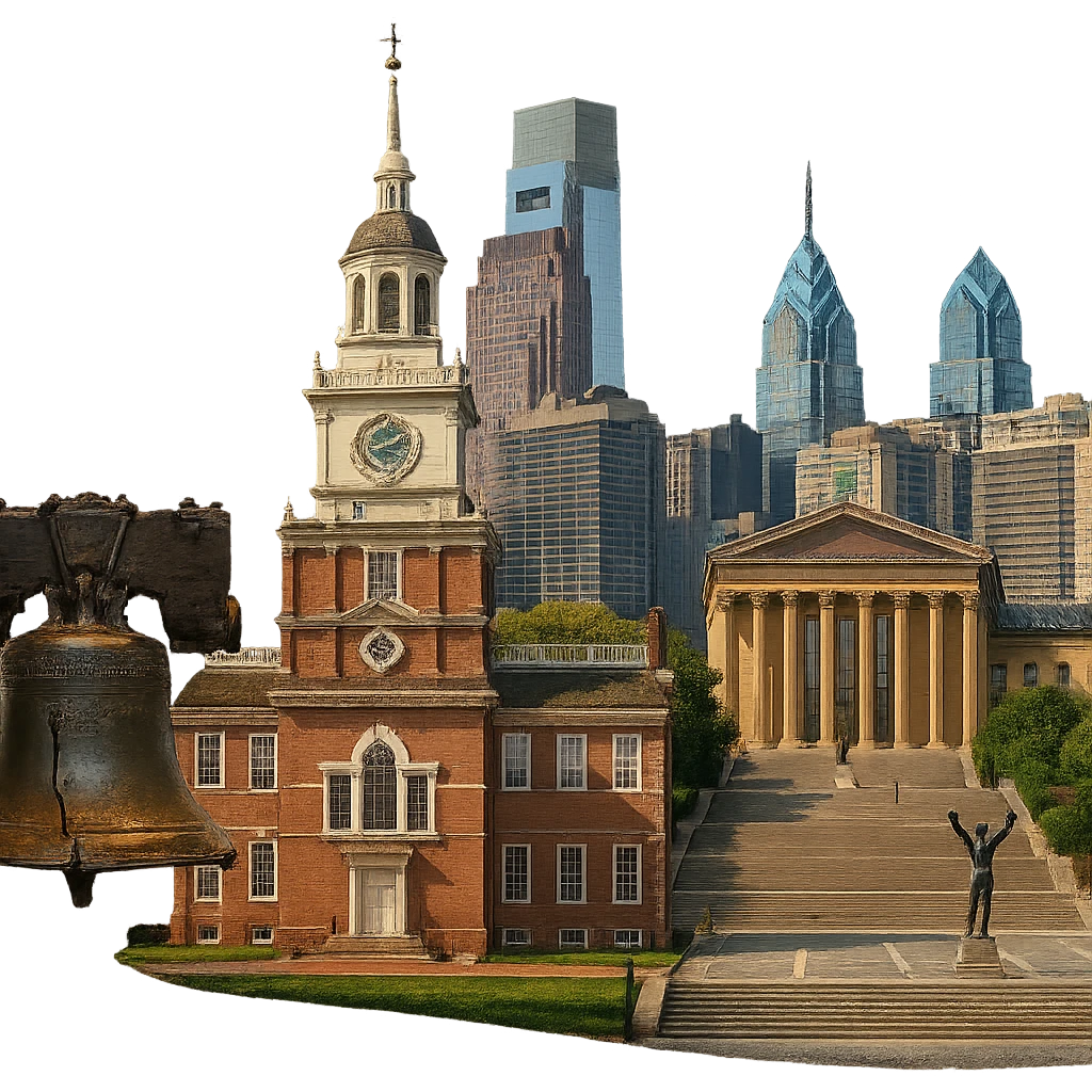 cinematic, realistic emoji of Philadelphia, wide city view featuring only real, iconic landmarks including the Liberty Bell, Independence Hall, Philadelphia Museum of Art with the Rocky Steps, and the city skyline, lifelike detail, accurate colors, bright daytime lighting, fully transparent background, no sky, no clouds, no imaginary or generic buildings emoji
