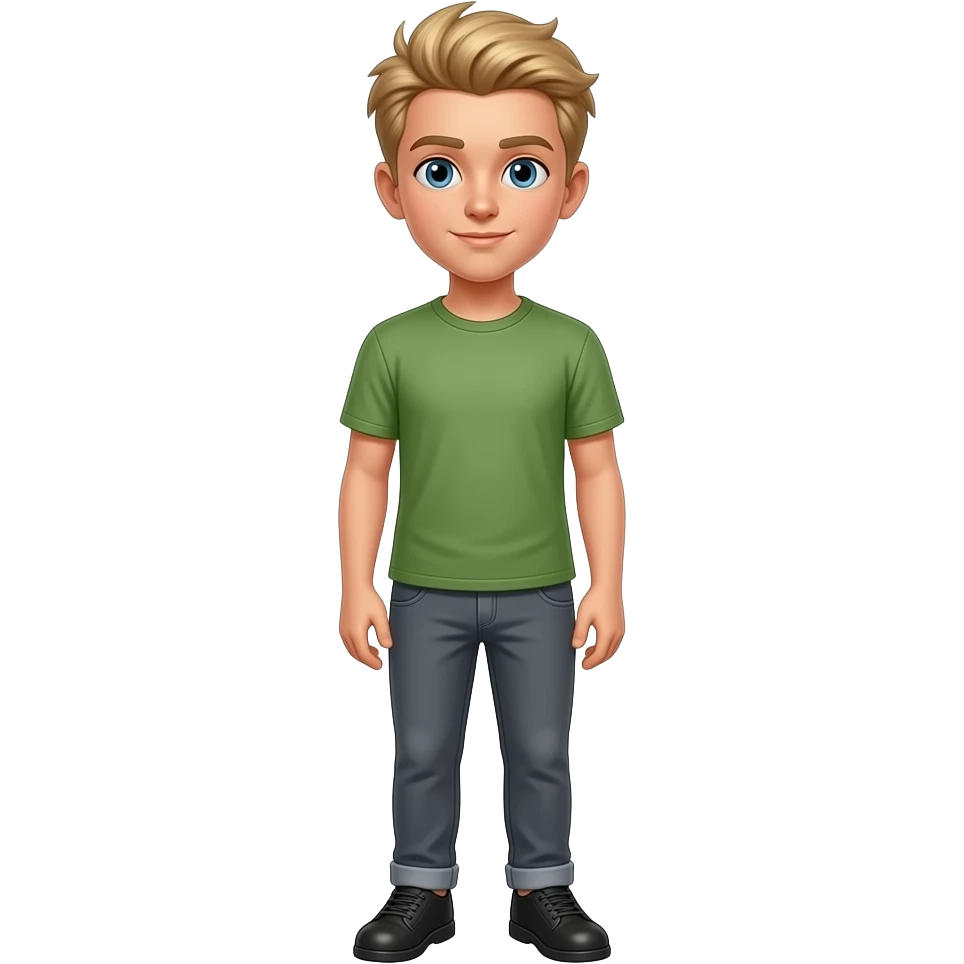 Blond hair blue eyes grey pants green t-shirt black shoes cowlick really young emoji