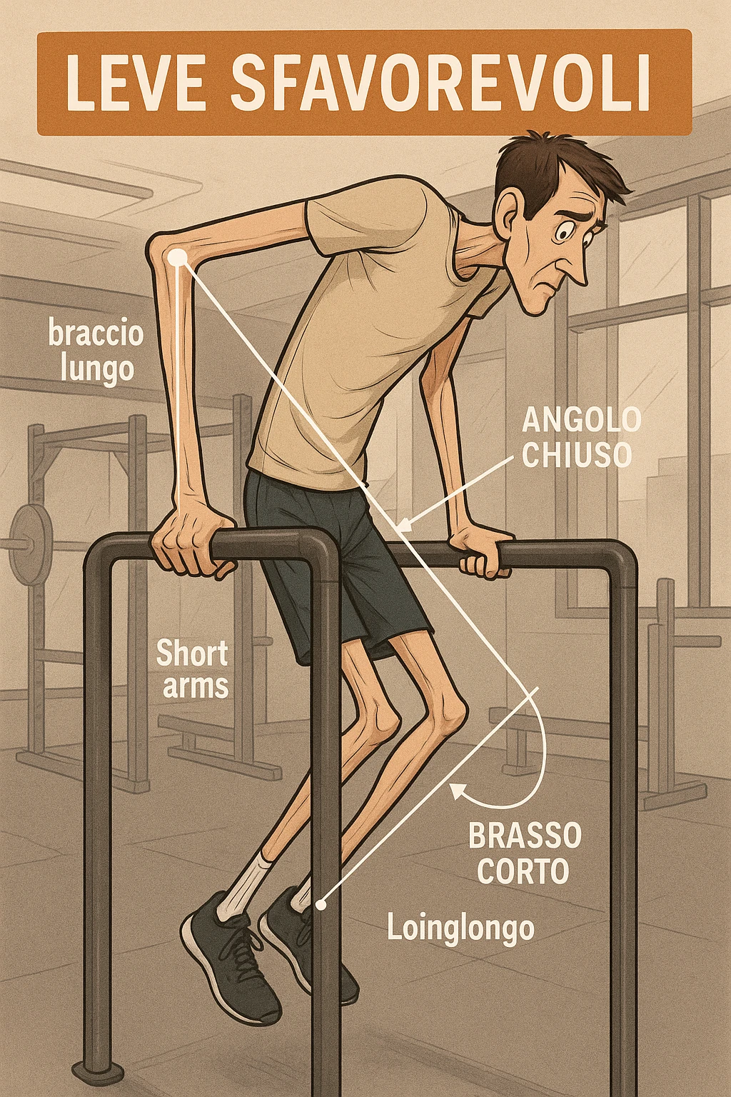 a tall, lean man with very long arms and a short torso attempts a dip on parallel bars. His elbows are deeply bent and his body appears awkwardly positioned, highlighting the mechanical disadvantage. An overlay shows anatomical lines and angles, with labels explaining “Leve Sfavorevoli” The background is a modern gym, with a focus on biomechanics. in italiano emoji