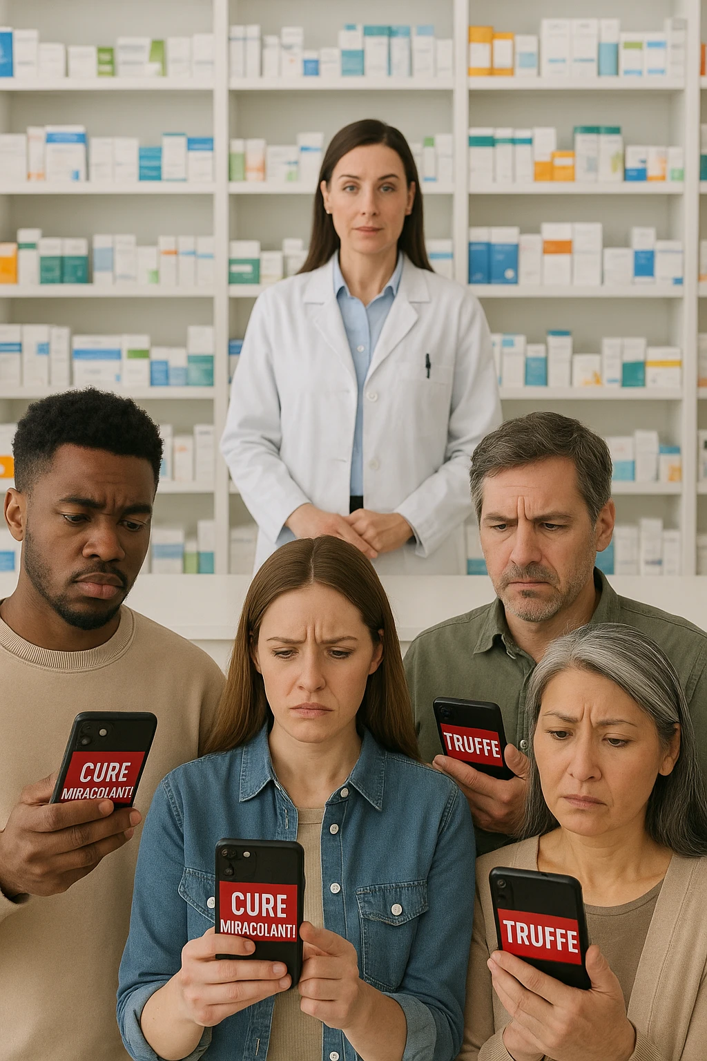 Realistic, vertical scene: a group of people in a pharmacy, some looking confused or skeptical as they read sensationalist headlines on their phones about “Cure Miracolanti” or “Truffe” A pharmacist stands behind the counter, ready to offer evidence-based advice. The atmosphere is educational, highlighting the importance of consulting professionals. emoji