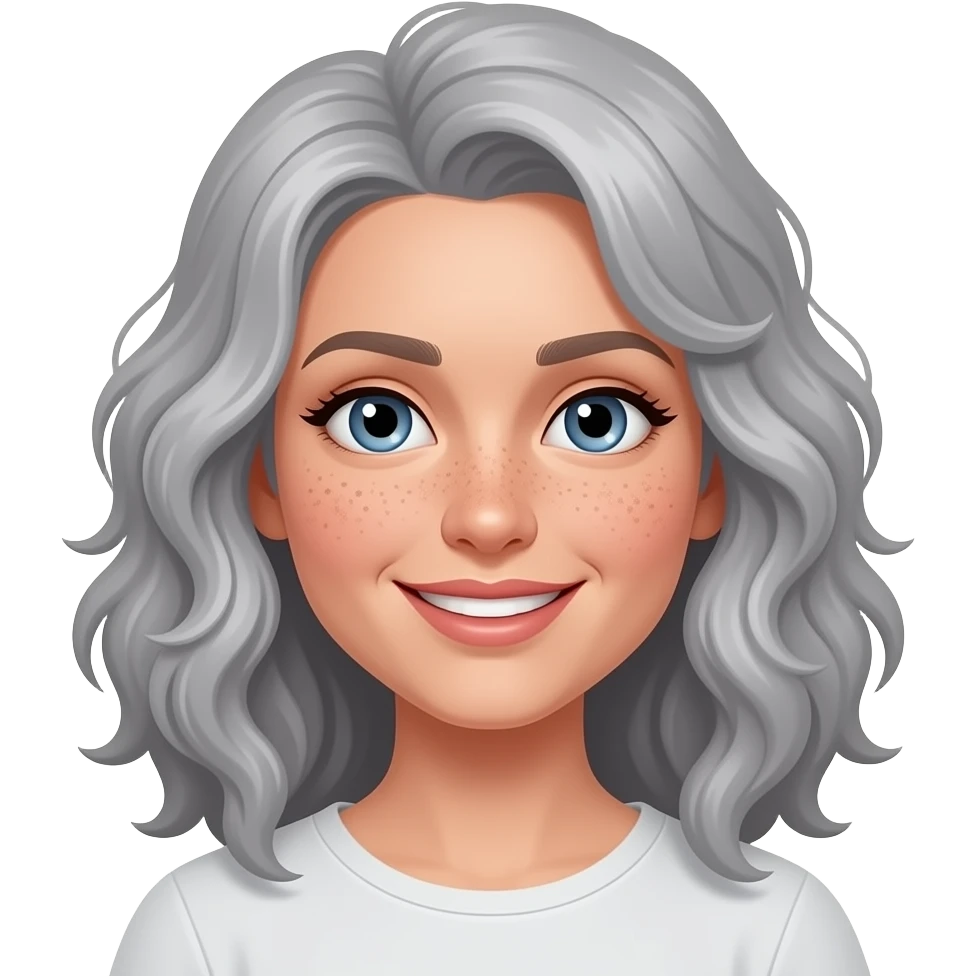 shoulder length curly grey brown blue eyes freckles across nose smiling woman emoji