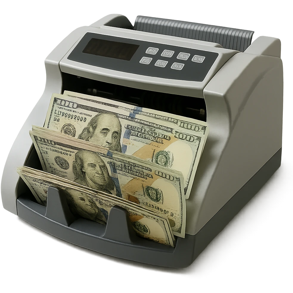 realistic style banknote counting machine processing US dollars emoji