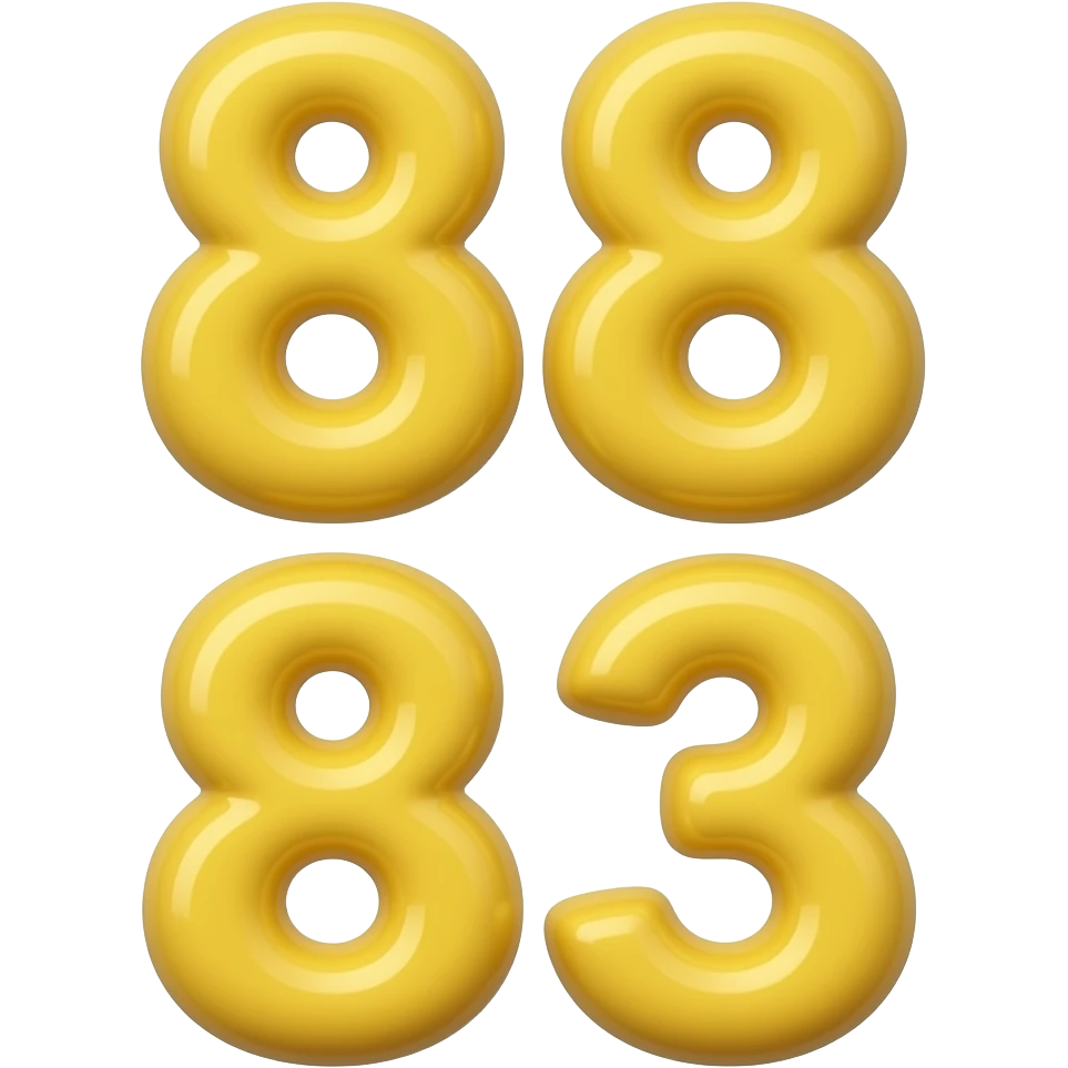 👉  TWO👉 "numbers 88 and 83 made of banana texture, yellow banana color, 3D glossy, soft rounded shapes, cute cartoon style, isolated on white background, high detail" emoji