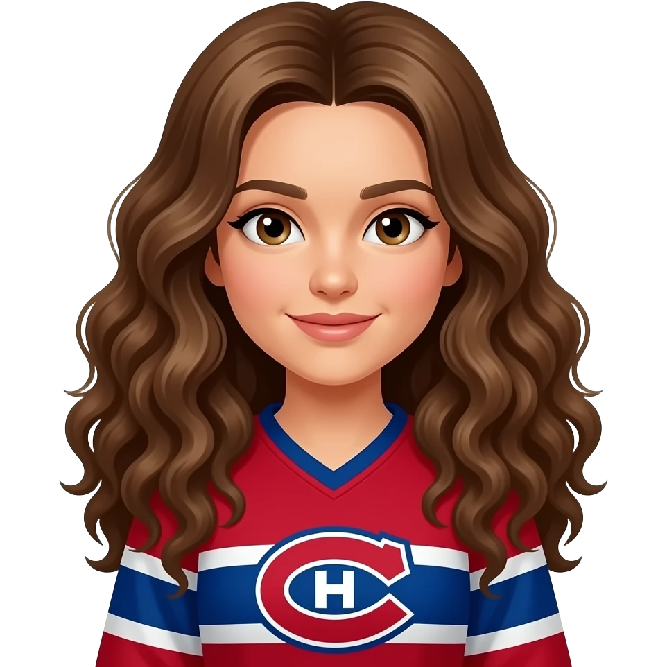 Habs fan red jersey emoji, girl with long brown curly hair emoji