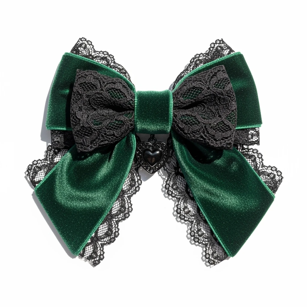 green gothic bow with black lace trim and heart charm, remove background emoji