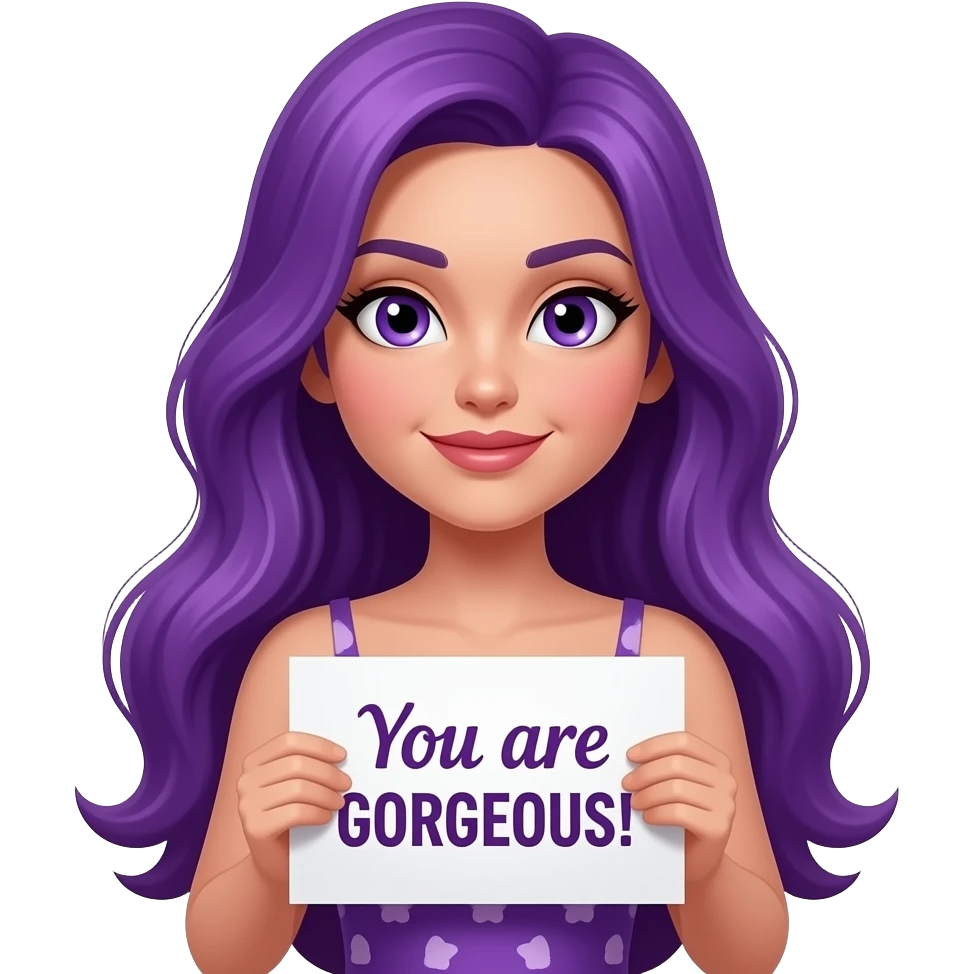 sexy girl with long purple hair and purple eyes wearing a dress holding a You are GORGEOUS! sign emoji