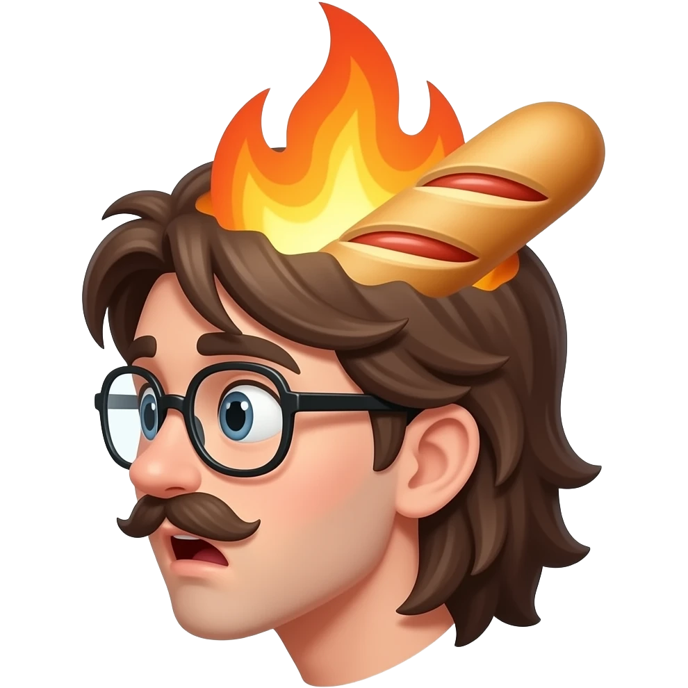 A boy with  LONG hair and a mustacheand glasses  really shocked at a baguette with a sausage inside, make the buys head go on fire, make the baguette glow and make it side view(only the head of the boy) emoji
