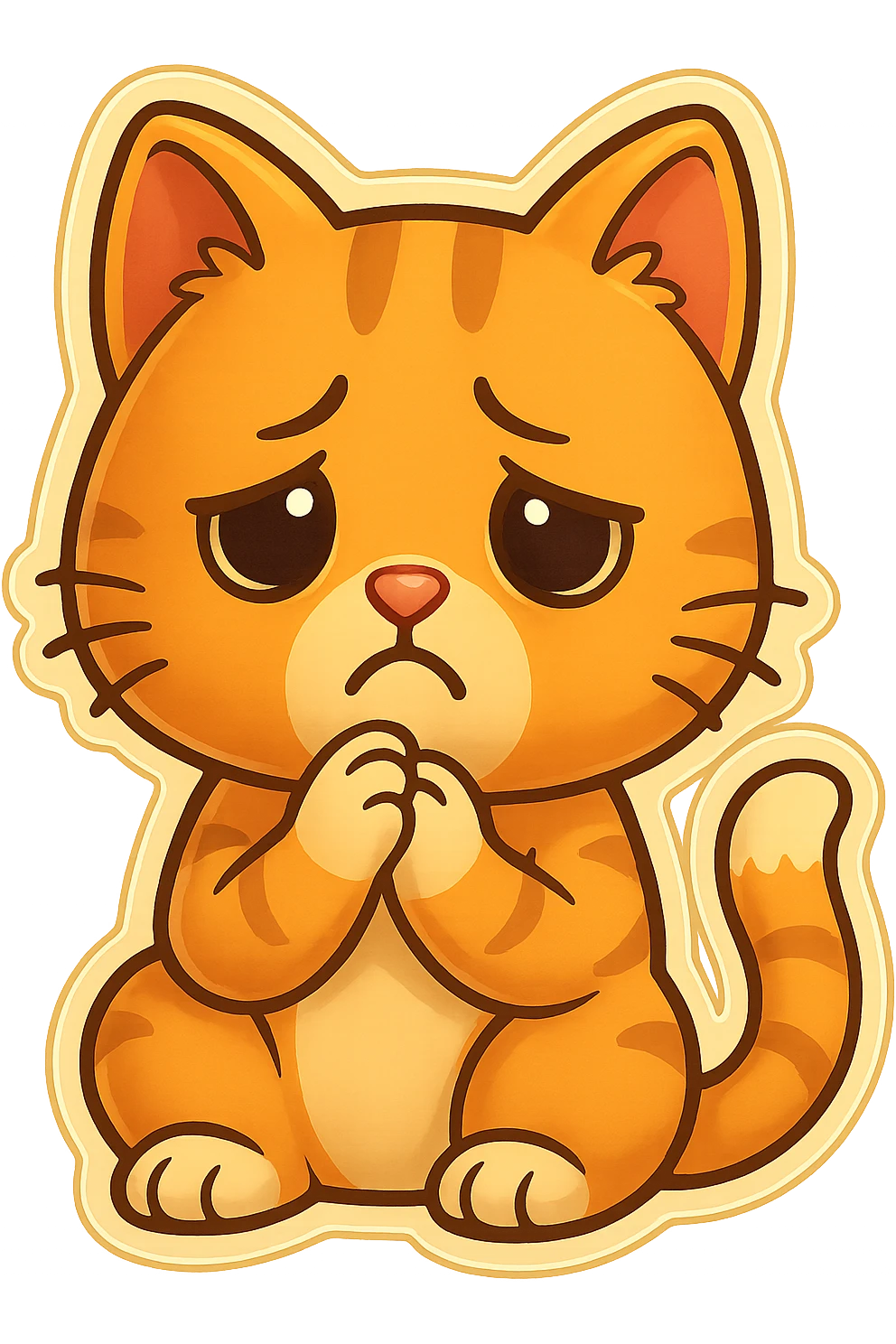 Bring the cat's paws up so they are touching each other just below the chin. Make the face look even sadder, with more expressive disappointment. Keep the style and transparent background. emoji