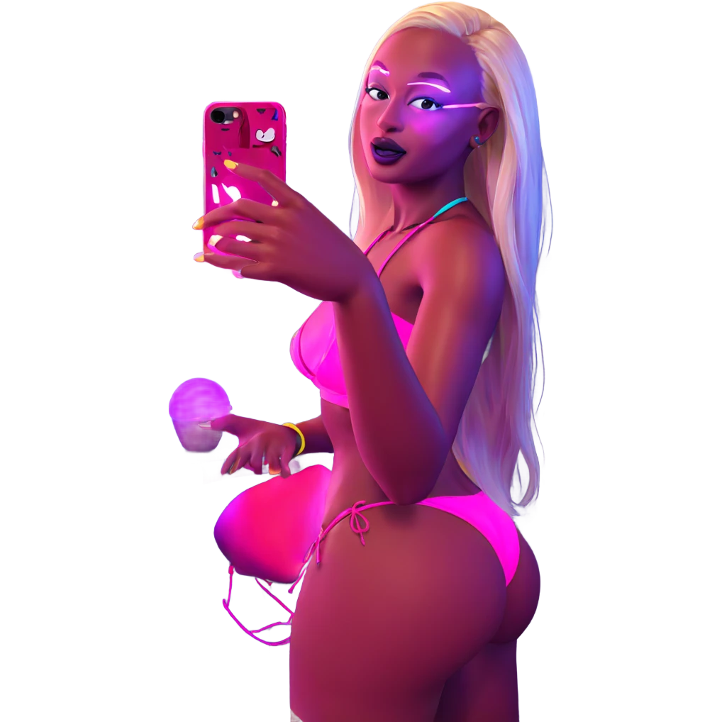 blonde in neon bikini selfie emoji