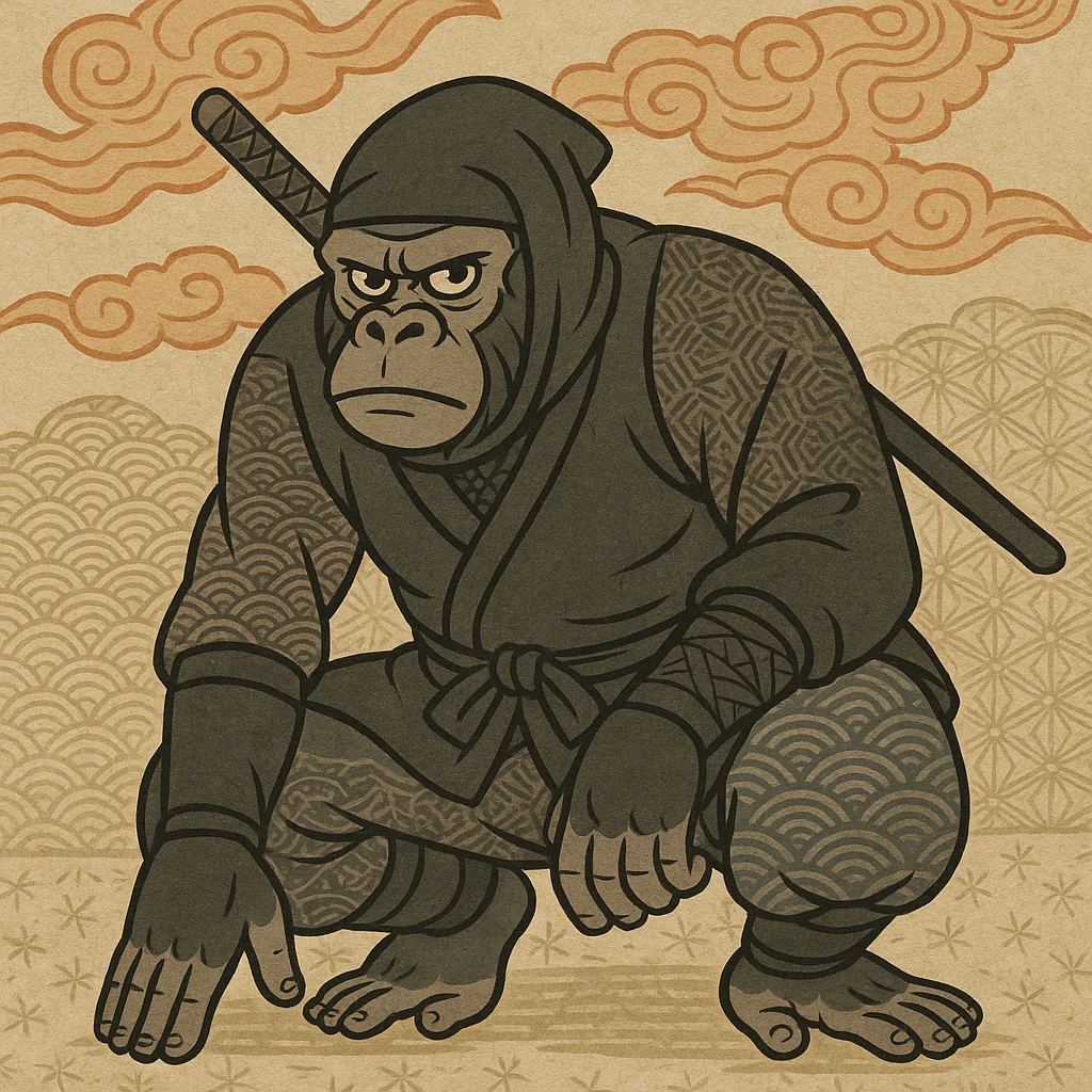 gorilla ninja, crouching, black suit, traditional Japanese art style emoji