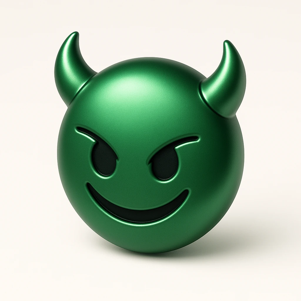 devil emoji, metallic green and black, elegant horns, sinister smile, modern goth aesthetic, metallic effect emoji