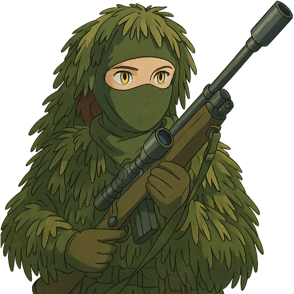 1 female, gold yellow eyes, face covered green balaclava, full military ghillie sniper camouflage, rifle up emoji