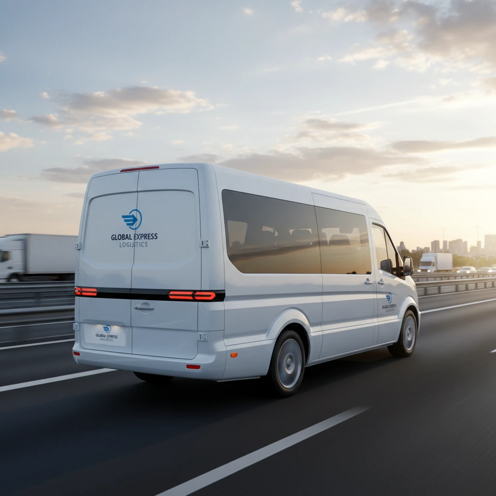 white modern cargo minibus for delivering small cargo. logistics service. the car is driving on the highway. rear side view emoji
