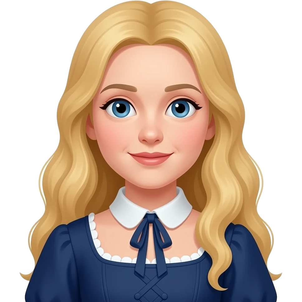 Fantine from Les Mis with blue eyes, long blonde hair, navy blue queen anne dress with collar emoji