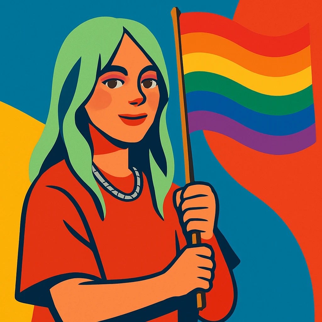Billie Eilish holding a pride flag, modern illustration, no text emoji