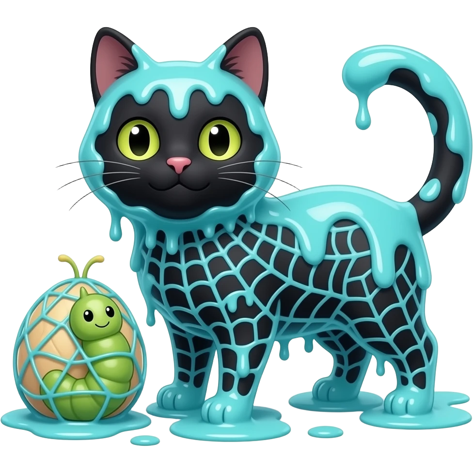 #B8FFFF slikworm cocooned pod black cat happy covered with #B8FFFF huge  coating of #B8FFFF slik and huge #B8FFFF slik wrappings and huge #B8FFFF webbing wrappings #B8FFFF in clipart style emoji