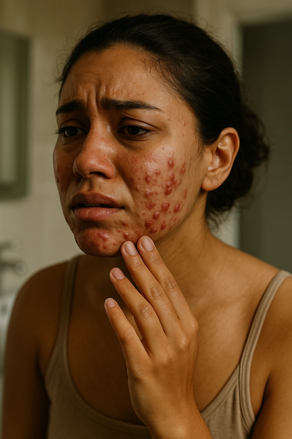 A highly realistic, cinematic portrait of a young woman in her late 20s with medium skin tone, showing visibly inflamed, deep cystic acne along her jawline, cheeks, and chin. Her skin appears red and irritated around the acne nodules, with noticeable swelling and tenderness, illustrating the painful nature of cystic acne linked to PCOS. Her facial expression shows discomfort and emotional distress, with slightly teary eyes as she gently touches an inflamed area on her jawline with her fingertips. Her hair is pulled back to clearly show the acne areas, and her skin has a slightly oily texture due to androgen-related sebum overproduction. The environment is a softly lit bathroom with neutral daylight, emphasizing the skin texture, redness, and deep acne. The style is realistic, 35mm cinematic photography with warm, neutral tones, soft shadows, and clear skin detail, providing a compassionate yet direct visualization of PCOS-related cystic acne emoji