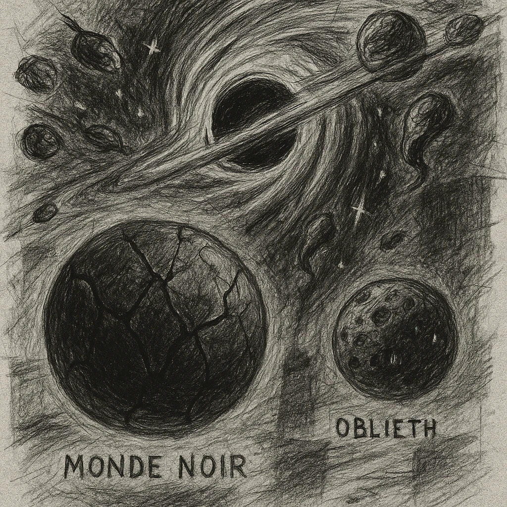 hand drawn map of dark back ward -“A dark cosmic region orbiting a massive black hole. No sunlight. A dead solar system with twisted planets and moons circling in silence. Monde Noir looms in the foreground — a cracked, obsidian planet with no atmosphere. Its moon, Oblieth, floats nearby, scarred and pitted, with faint green lights glowing from within cave openings. Stars are distorted and streaked by gravitational lensing. The entire scene is heavy, quiet, and surreal.” emoji