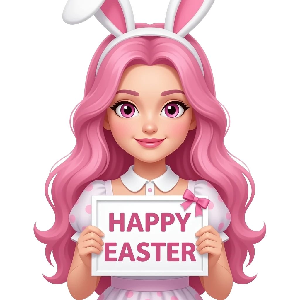 sexy girl with long pink hair and pink eyes wearing easter dress holding a HAPPY EASTER sign emoji