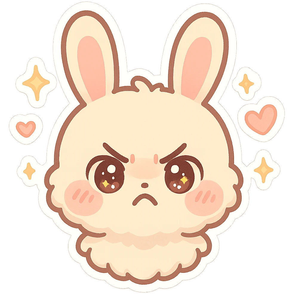 kawaii chibi-style bunny emoji with a round fluffy face, sparkly eyes, blushing cheeks, pastel color palette, angry mood, soft rounded design, anime-style, sparkles and hearts, vector art emoji