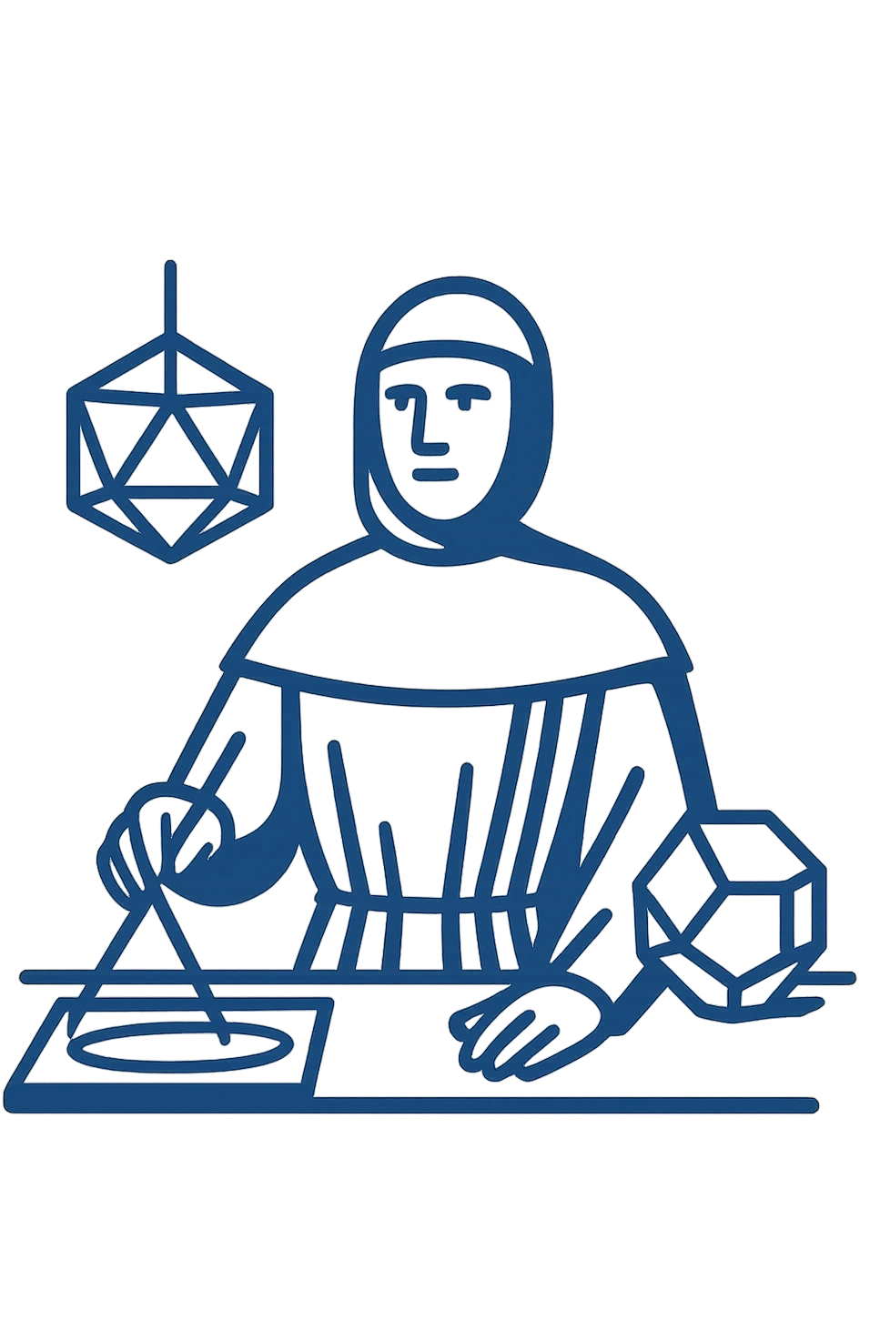Redesign the image as a flat startup logo inspired by the painting of Luca Pacioli. Focus on geometric shapes and mathematical tools with a minimalist, modern look. Use a blue color palette and keep the design simple and iconic, emphasizing clean lines and flat colors. emoji