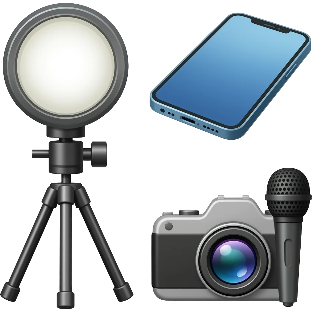 Оборудование для записи видео: карманный видео свет, штатив, телефон, камера. Микрофон мини emoji