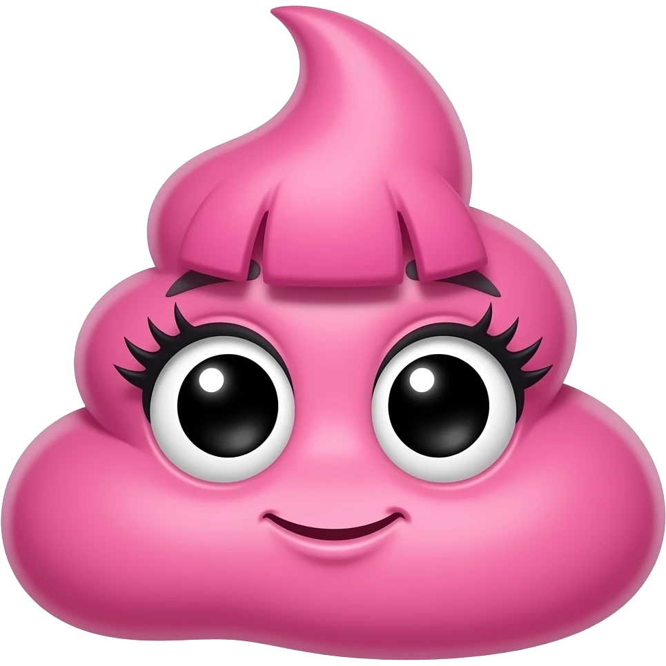 a cute pink poop emoji with getto lashes and a mouth and bangs on her head emoji