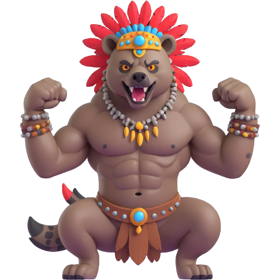 A native strong buff hyena with war bonnet flexing posing  emoji