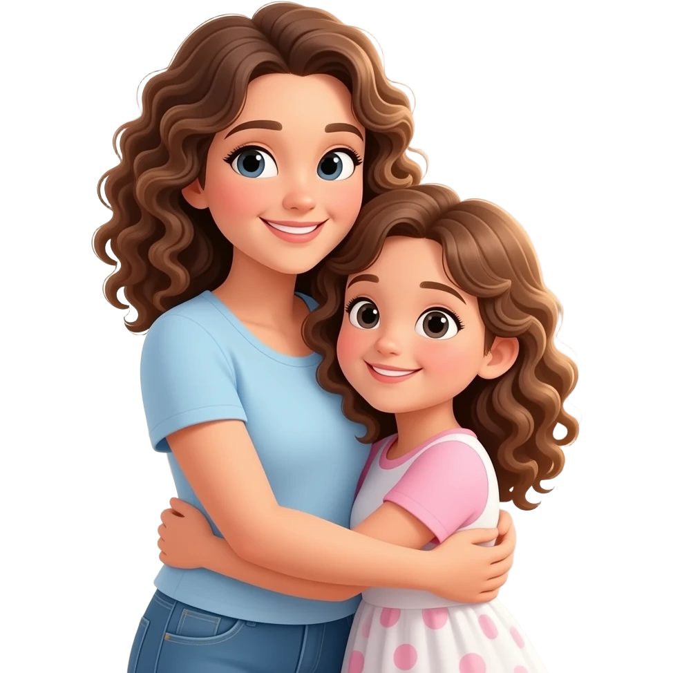 Two Caucasian Mom and daughter hugging with curly hair emoji