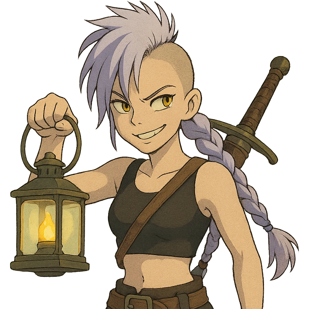 A sword maiden, mohawk, long braid white hair with lavender and tips long messy bangs one side, gold yellow eyes, black crop top, brandishing a lantern. Mischievous smirk emoji