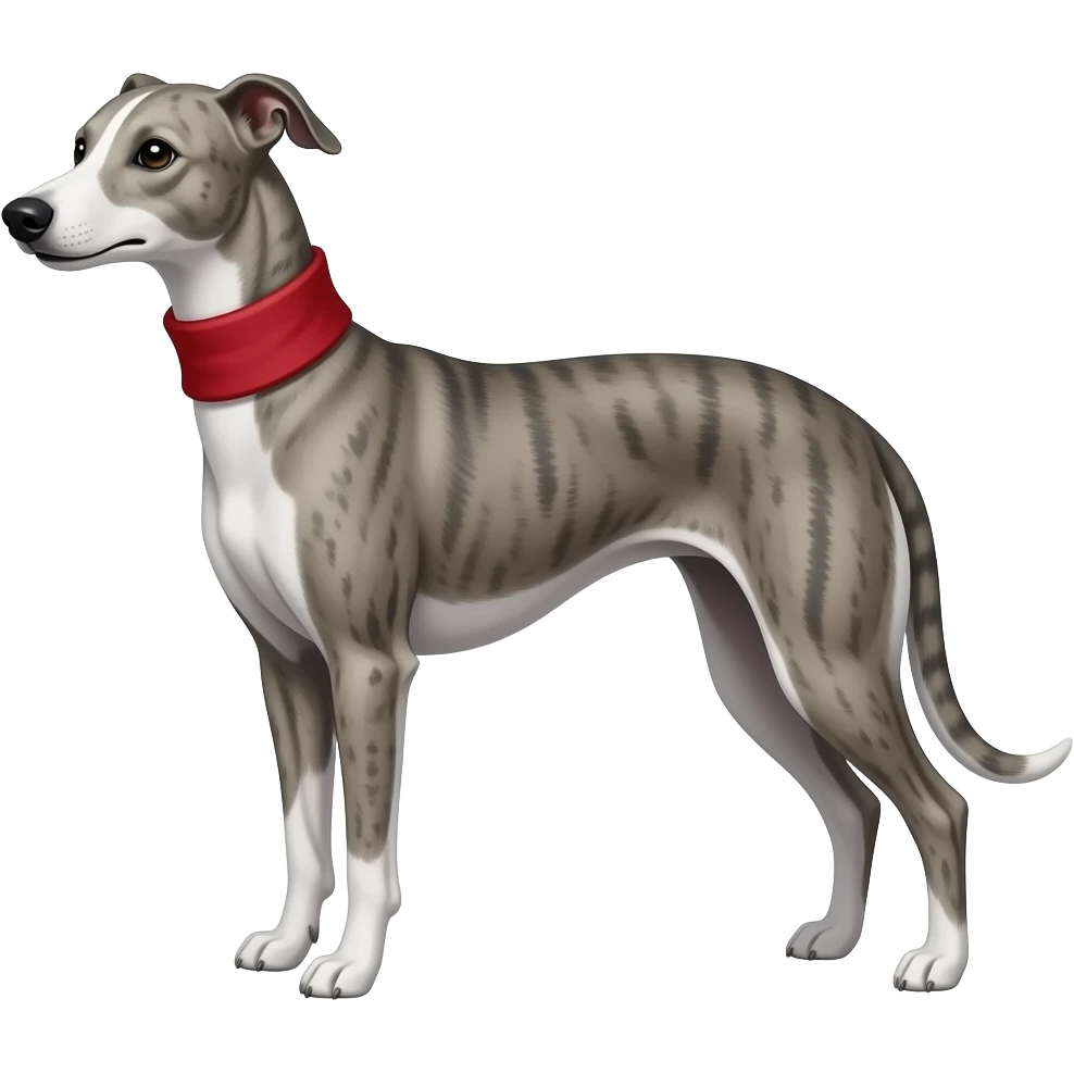 Whippet dog grey with black brindle stripes wearing a red turtleneck emoji